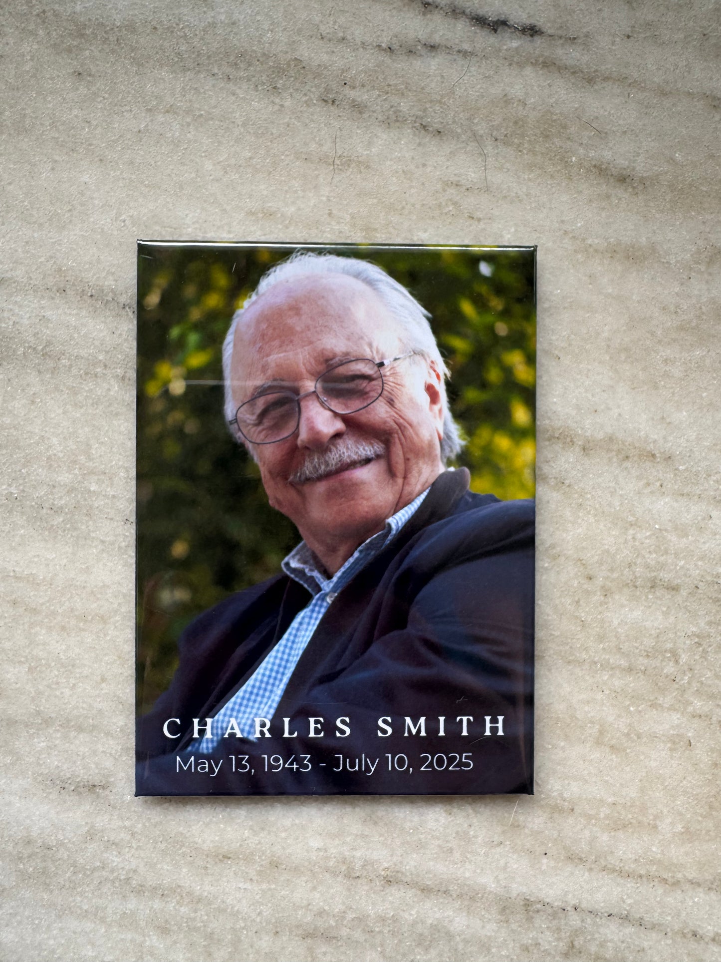 2.5 x 3.5 custom memorial magnet with photo, name, and dates