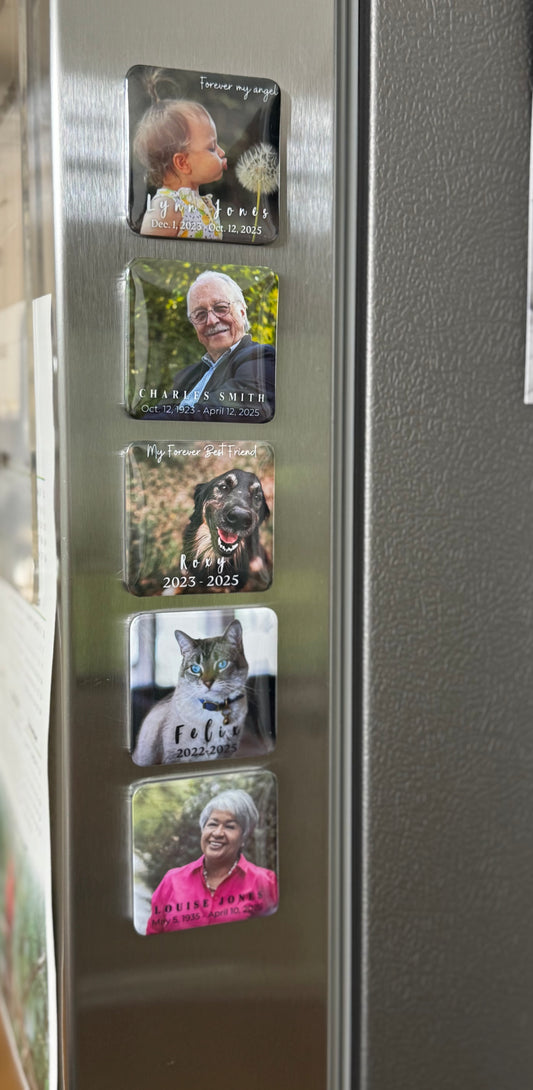 Honor a life well lived with our Legacy Memorial Photo Magnet – a thoughtful memento for guests at funerals, celebrations of life, and remembrance events.

Each magnet features a photo of your loved one, printed in vivid detail and mounted on a durable magnetic backing. Sized at 2x2 inches, it's a heartfelt keepsake that friends and family can cherish long after the service.
