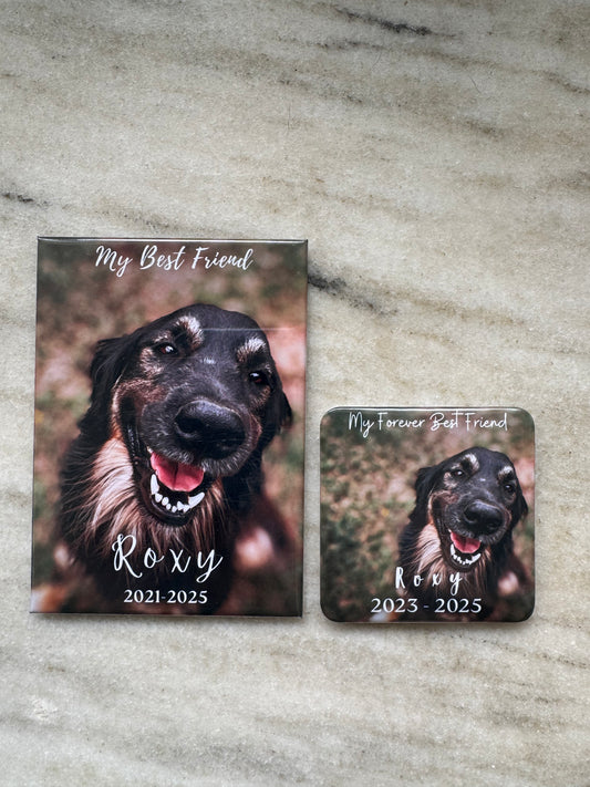 Handmade memorial fridge magnet featuring custom image and pet tribute